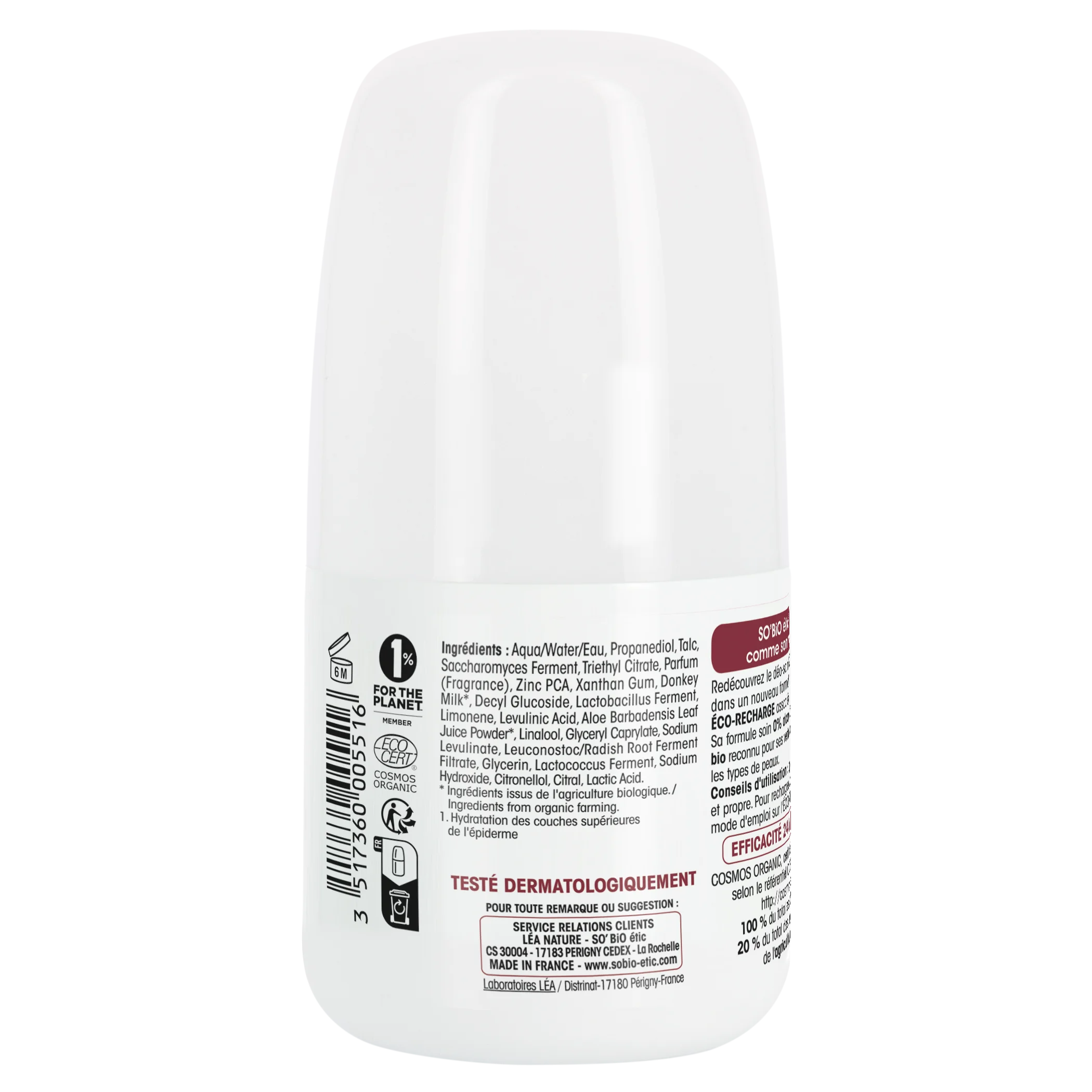 SO’BiO étic Deodorant Roll-on 24h feuchtigkeitsspendend mit Eselsmilch - nachfüllbar, BIO (50 ml) - auch für empfindliche Haut