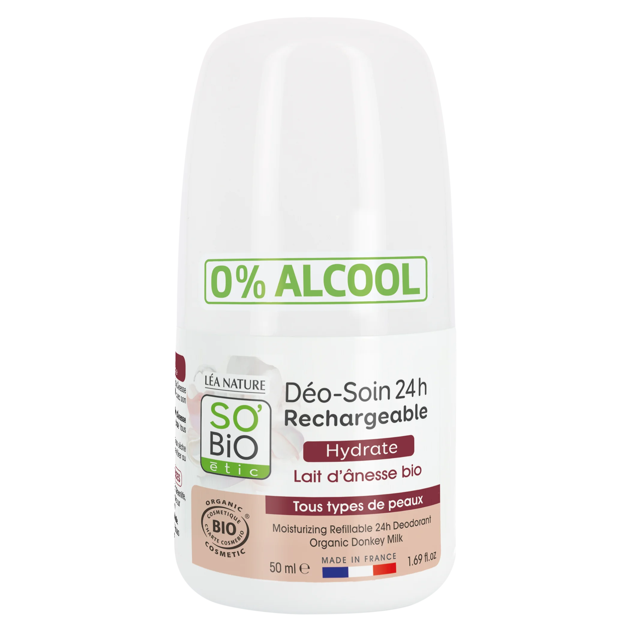 SO’BiO étic Deodorant Roll-on 24h feuchtigkeitsspendend mit Eselsmilch - nachfüllbar, BIO (50 ml) - auch für empfindliche Haut