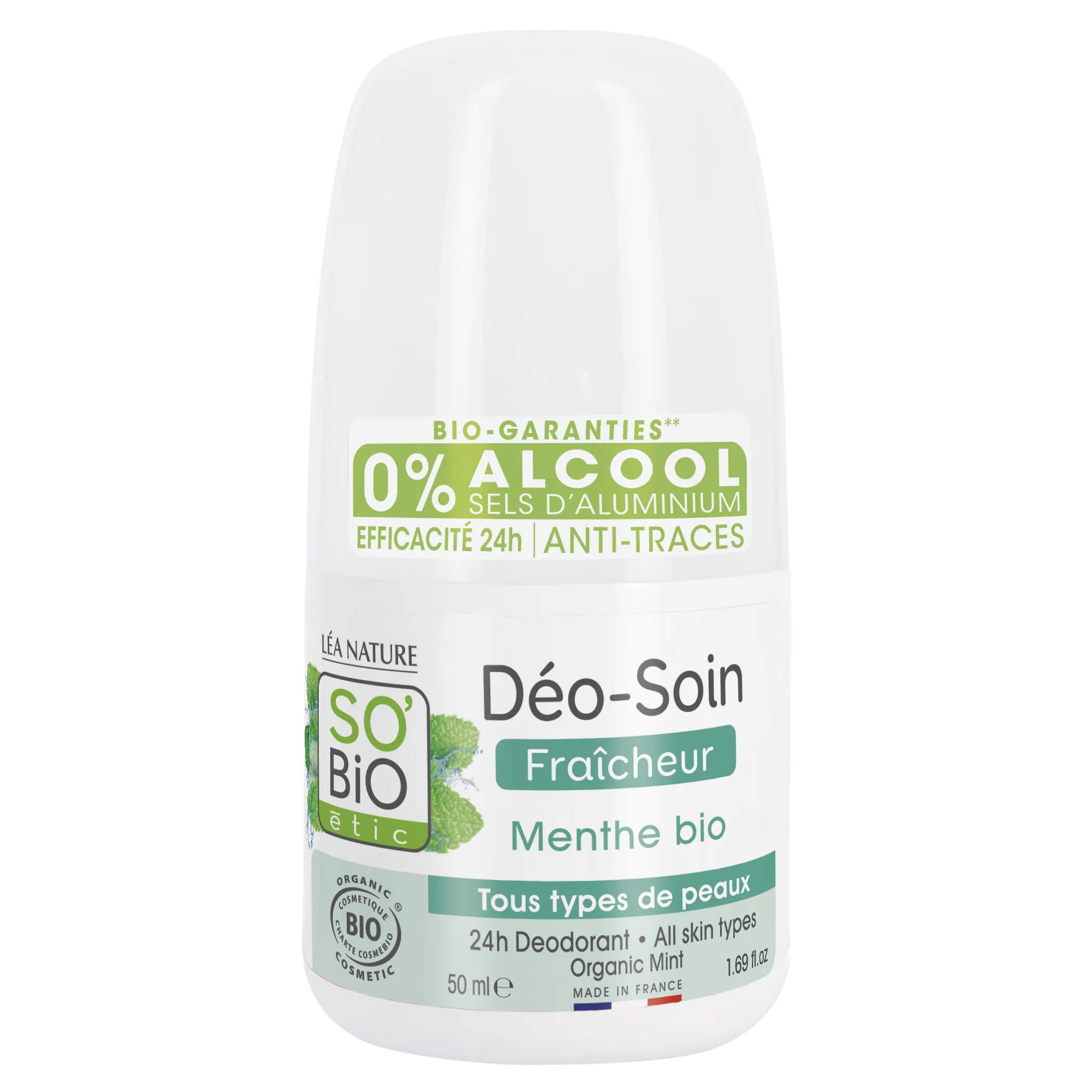 SO’BiO étic Deodorant Roll-on 24h erfrischend mit Bio-Minze (50 ml) – wirkt bis zu 24 Stunden