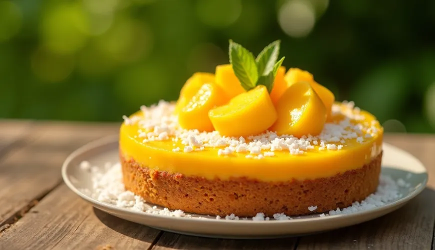 Ein ungebackener Mangokuchen ist das ideale Dessert für sommerliche Feiern.